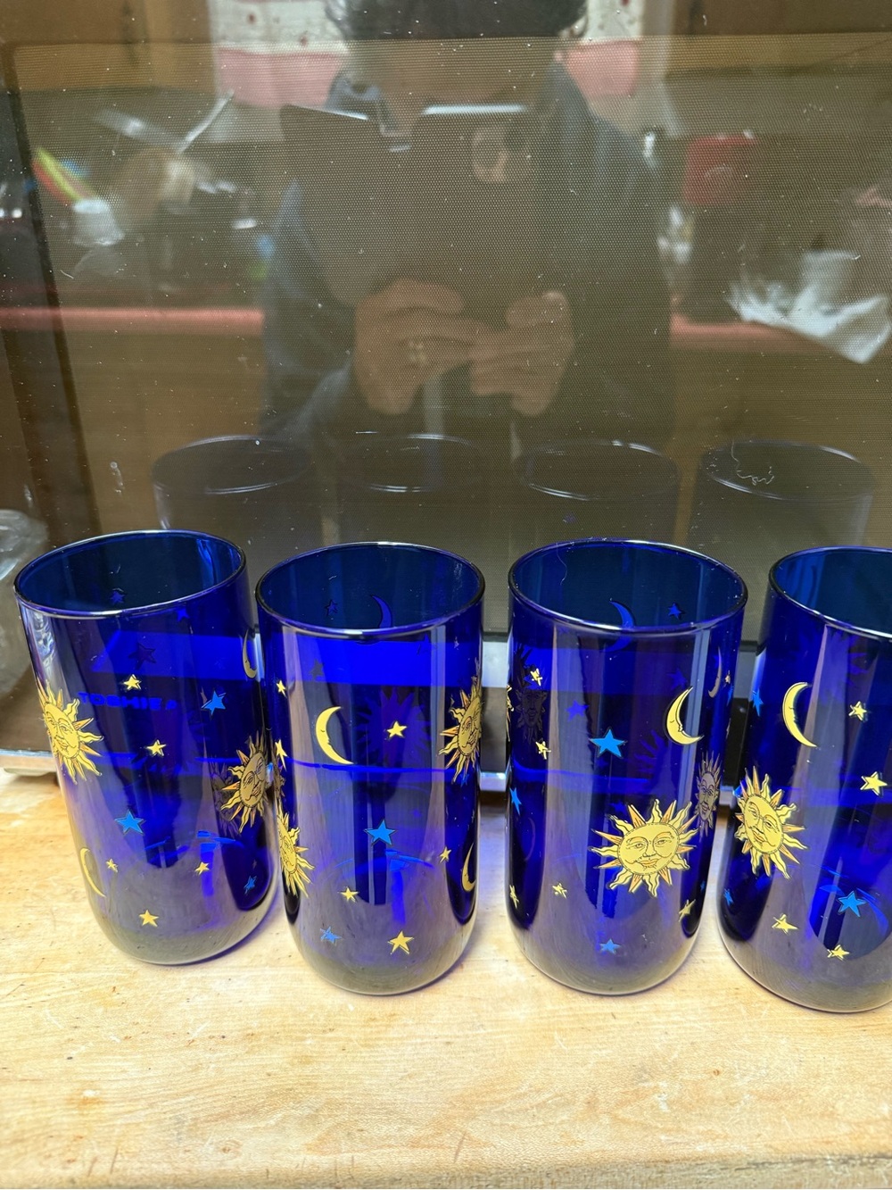 Libbey Cobalt Blue Tumblers with Gold Sun & Crescent Moon Motif